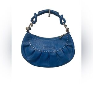 BCBGMAXAZRIA Blue Pebbled Leather Hobo Bag – Whipstitch Trim, Silver Hardware